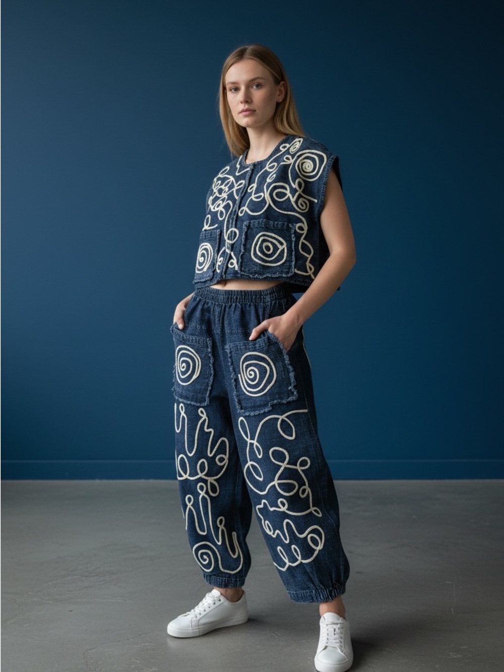 Denim SET - Spiral Embroidered Women’s Jogger Pants  and top dark denim